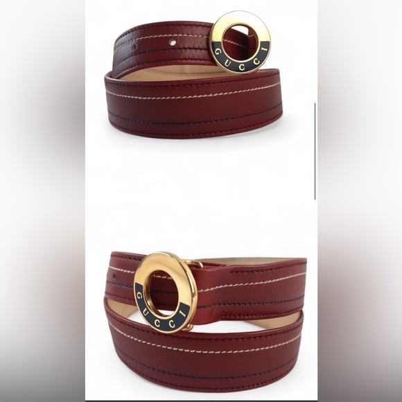 70s-80s GUCCI Red Leather Logo Belt Gold Stitch Monogram Vintage Enamal 28" S - Picture 2 of 5